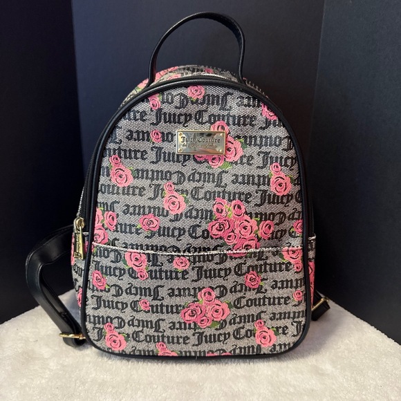 JUICY COUTURE Y2K‎ Grey & Pink Rose Pattern PVC Small Zip Backpack Purse EUC - Picture 1 of 7